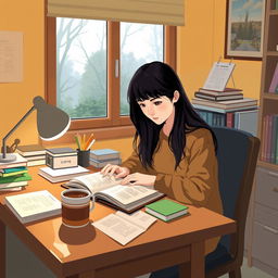 A focused female student studying a textbook in a cozy study room