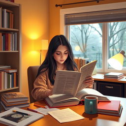 A focused female student studying a textbook in a cozy study room