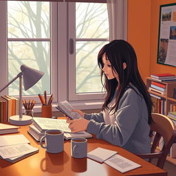 A focused female student studying a textbook in a cozy study room