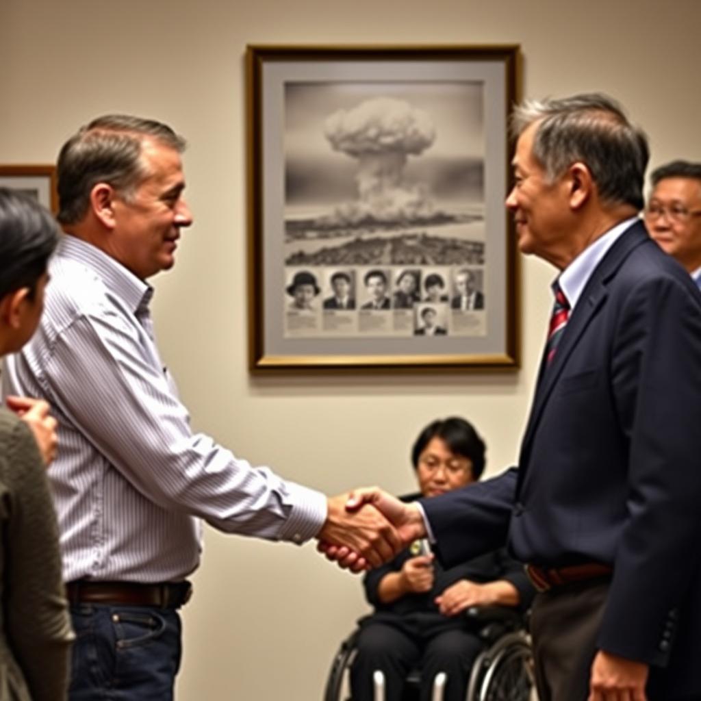 An American man and a Japanese man are shaking hands in a solemn setting