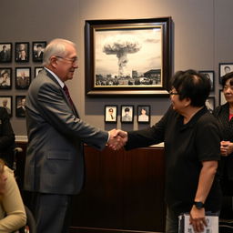 An American man and a Japanese man are shaking hands in a solemn setting