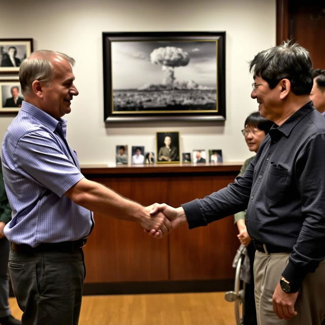 An American man and a Japanese man are shaking hands in a solemn setting