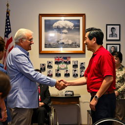 An American man and a Japanese man are shaking hands in a solemn setting