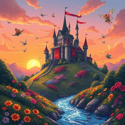 A beautifully illustrated fantasy landscape featuring a majestic castle atop a hill surrounded by lush greenery and vibrant flowers