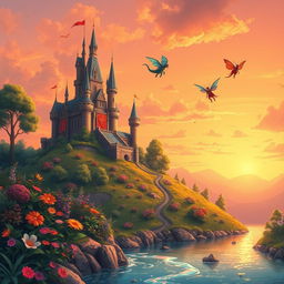 A beautifully illustrated fantasy landscape featuring a majestic castle atop a hill surrounded by lush greenery and vibrant flowers