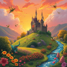 A beautifully illustrated fantasy landscape featuring a majestic castle atop a hill surrounded by lush greenery and vibrant flowers