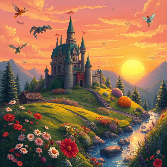 A beautifully illustrated fantasy landscape featuring a majestic castle atop a hill surrounded by lush greenery and vibrant flowers