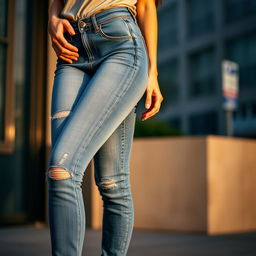 A close-up shot of a woman wearing stylish and sexy fitted jeans that highlight her curves beautifully