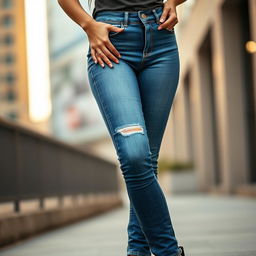 A close-up shot of a woman wearing stylish and sexy fitted jeans that highlight her curves beautifully