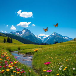 A serene landscape featuring a lush green meadow dotted with colorful wildflowers, beneath a clear blue sky
