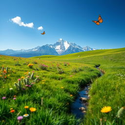 A serene landscape featuring a lush green meadow dotted with colorful wildflowers, beneath a clear blue sky