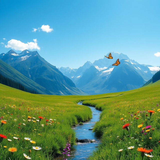 A serene landscape featuring a lush green meadow dotted with colorful wildflowers, beneath a clear blue sky