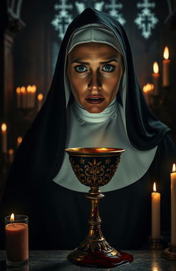 A dramatic and captivating scene featuring a chalice filled with blood, symbolizing a dark ritual