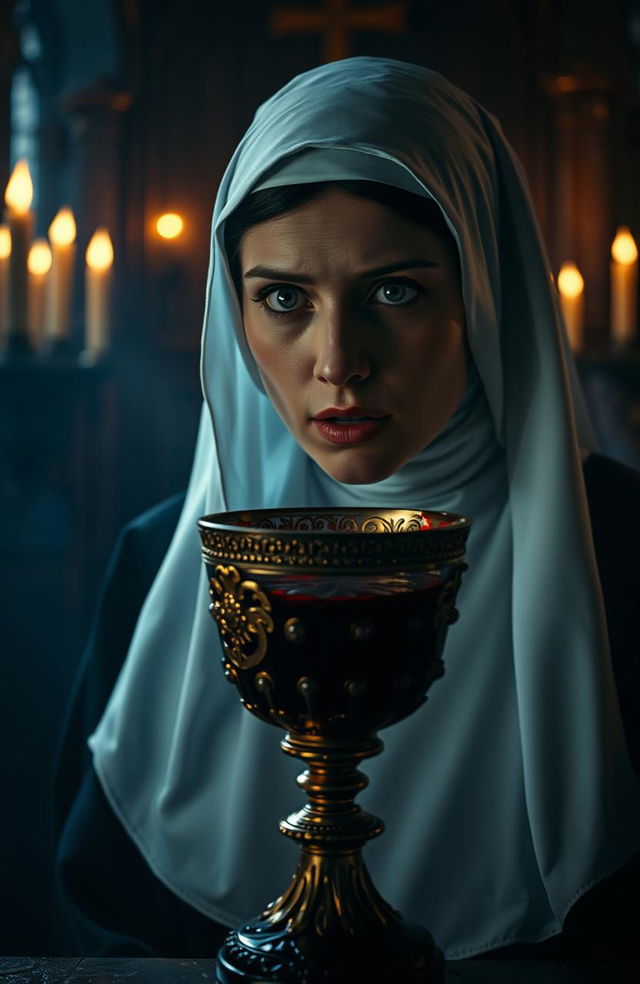 A dramatic and captivating scene featuring a chalice filled with blood, symbolizing a dark ritual