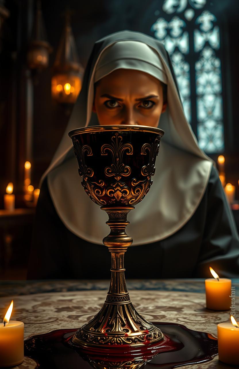 A dramatic and captivating scene featuring a chalice filled with blood, symbolizing a dark ritual