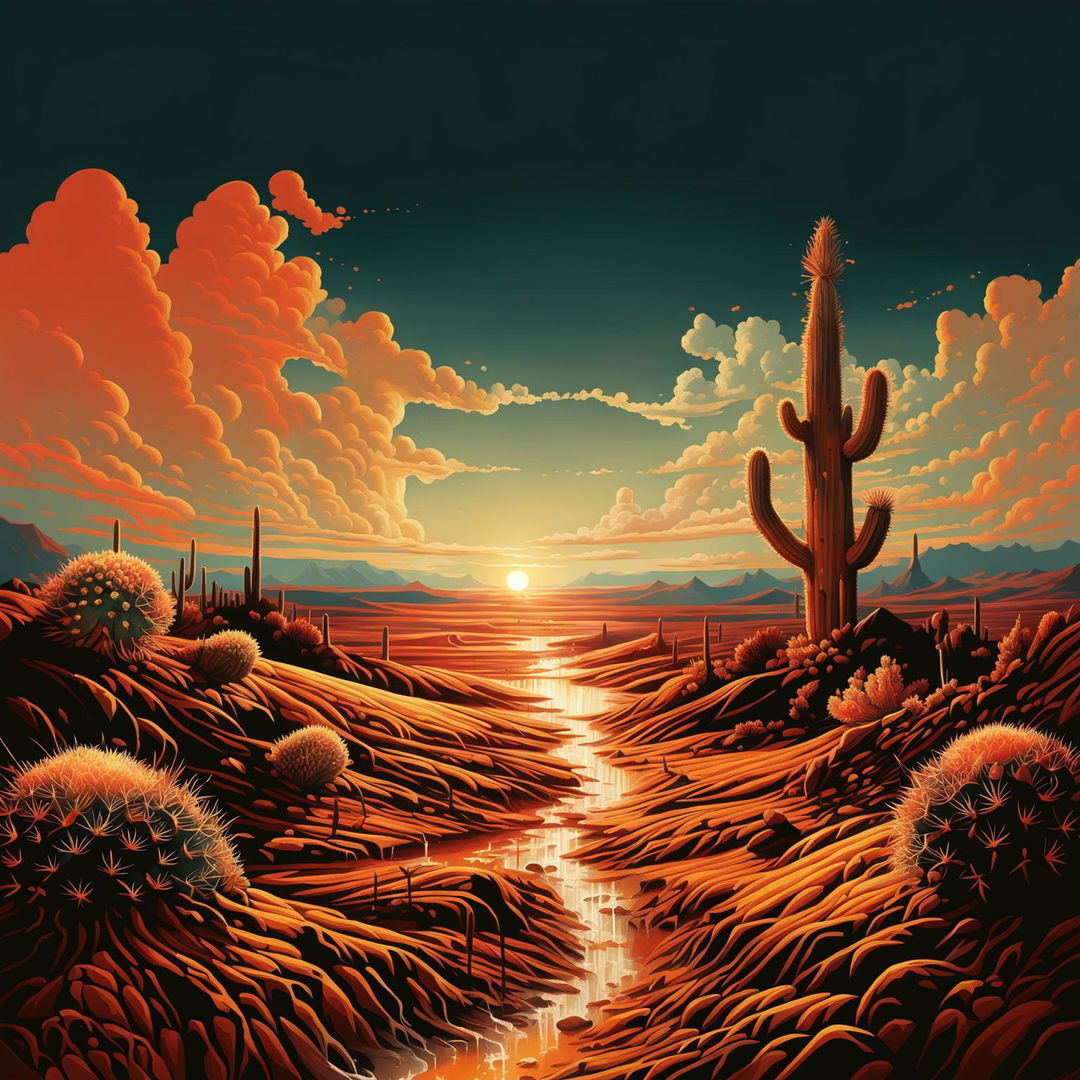 A digital art image depicting a scorching hot summer day in a desert landscape