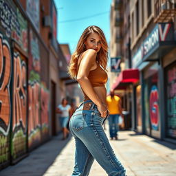A fashionable young woman showcasing her curves in stylish booty jeans