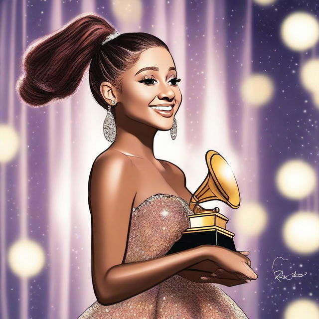 A digital art image showcasing Ariana Grande in her signature high ponytail and a stunning evening gown, gleefully holding a shiny GRAMMY award