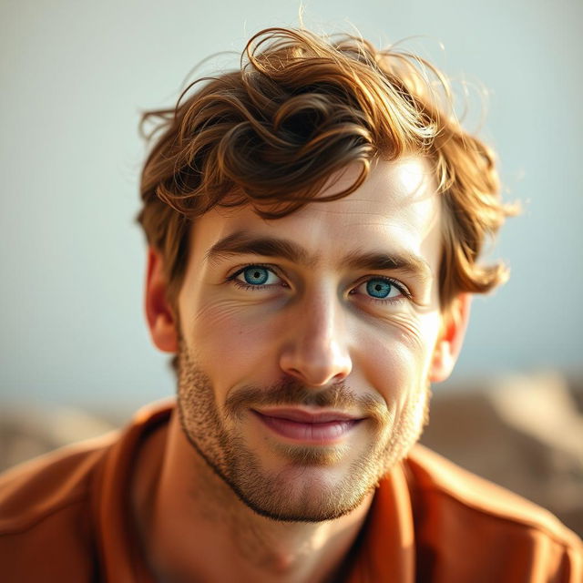 A portrait of a 32-year-old man with striking ocean blue eyes and curly brown hair