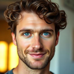 A portrait of a 32-year-old man with striking ocean blue eyes and curly brown hair