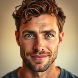 A portrait of a 32-year-old man with striking ocean blue eyes and curly brown hair