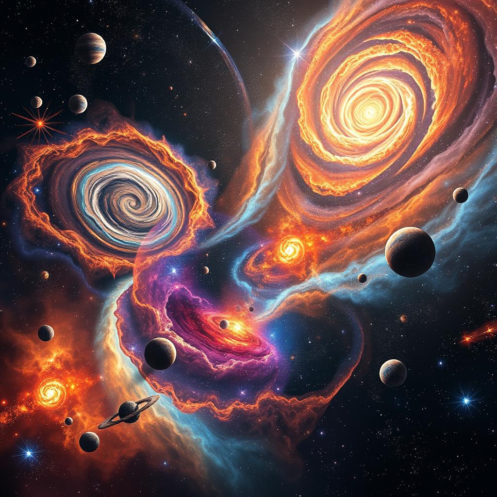 A breathtaking cosmic scene depicting the creation of the universe, showcasing vibrant swirling galaxies, sparkling stars, and diverse planetary bodies in various stages of formation