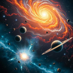A breathtaking cosmic scene depicting the creation of the universe, showcasing vibrant swirling galaxies, sparkling stars, and diverse planetary bodies in various stages of formation