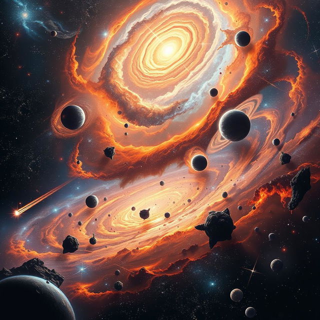 A breathtaking cosmic scene depicting the creation of the universe, showcasing vibrant swirling galaxies, sparkling stars, and diverse planetary bodies in various stages of formation