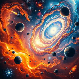 A breathtaking cosmic scene depicting the creation of the universe, showcasing vibrant swirling galaxies, sparkling stars, and diverse planetary bodies in various stages of formation
