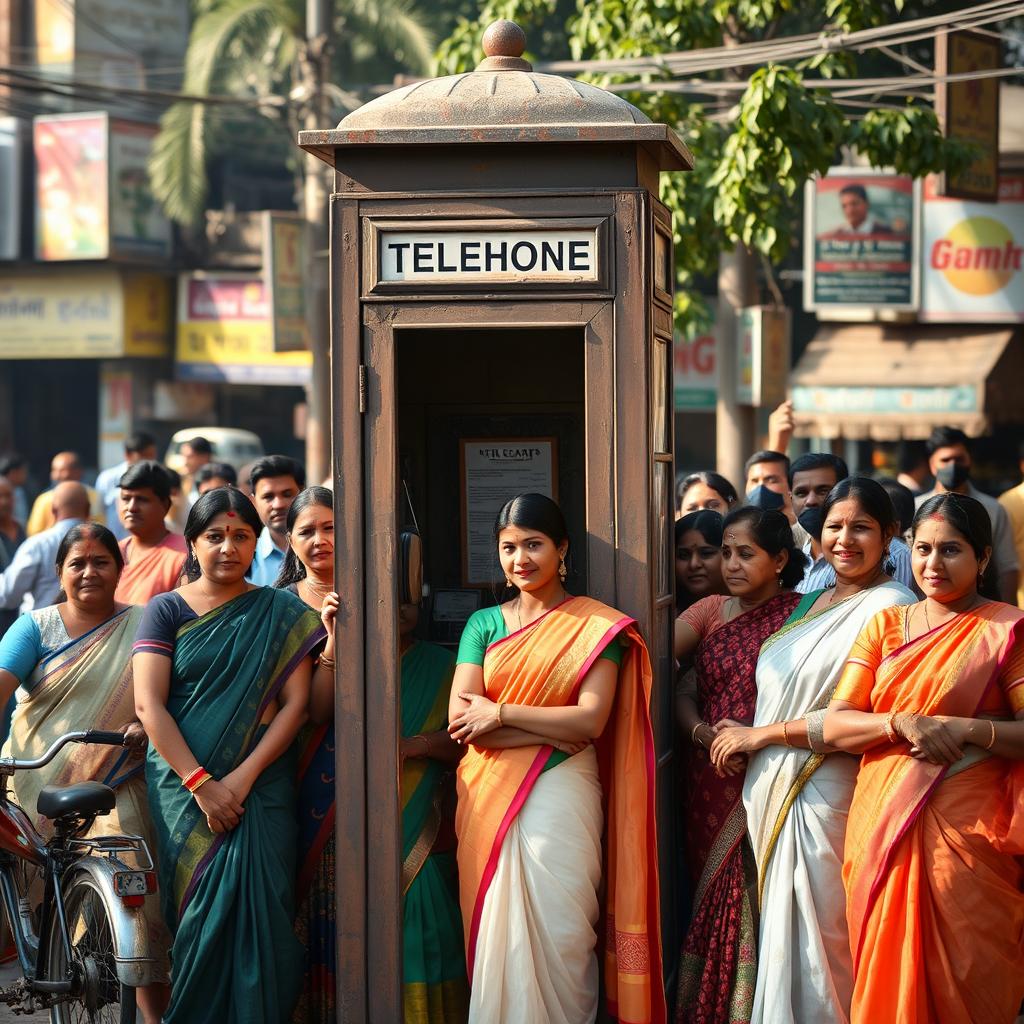 An old, vintage coinbooth or telephone booth with a slightly worn aesthetic, standing prominently on a bustling street
