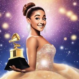 A digital art image showcasing Ariana Grande in her signature high ponytail and a stunning evening gown, gleefully holding a shiny GRAMMY award