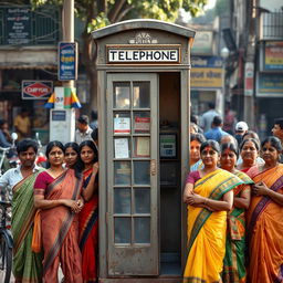 An old, vintage coinbooth or telephone booth with a slightly worn aesthetic, standing prominently on a bustling street