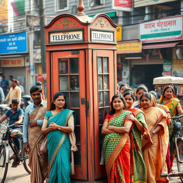 An old, vintage coinbooth or telephone booth with a slightly worn aesthetic, standing prominently on a bustling street