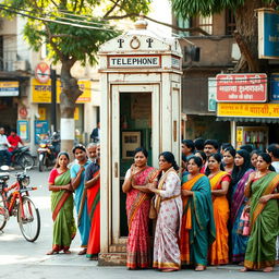 An old, vintage coinbooth or telephone booth with a slightly worn aesthetic, standing prominently on a bustling street