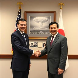 An American man and a Japanese man are shaking hands in a respectful and diplomatic environment