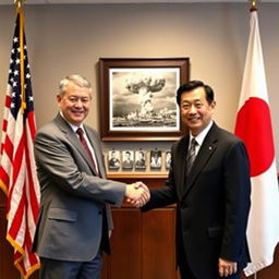 An American man and a Japanese man are shaking hands in a respectful and diplomatic environment