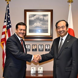 An American man and a Japanese man are shaking hands in a respectful and diplomatic environment