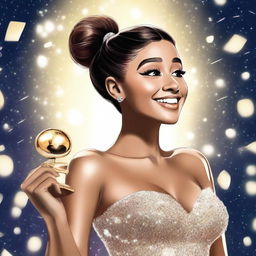 A digital art image showcasing Ariana Grande in her signature high ponytail and a stunning evening gown, gleefully holding a shiny GRAMMY award