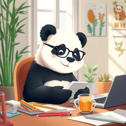 A cute panda sitting at a desk, intently working with a smartphone in its paws