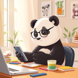 A cute panda sitting at a desk, intently working with a smartphone in its paws