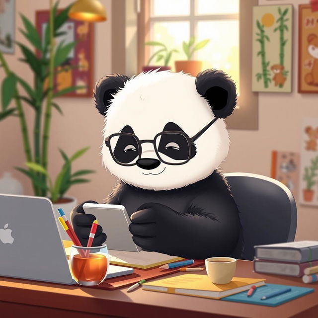 A cute panda sitting at a desk, intently working with a smartphone in its paws