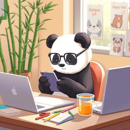 A cute panda sitting at a desk, intently working with a smartphone in its paws