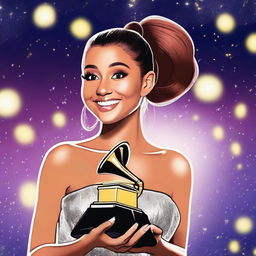 A digital art image showcasing Ariana Grande in her signature high ponytail and a stunning evening gown, gleefully holding a shiny GRAMMY award