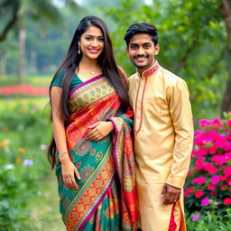 A beautiful 22-year-old Brazilian woman with larger breasts gracefully wears a colorful saree, displaying intricate patterns and vibrant colors