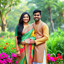 A beautiful 22-year-old Brazilian woman with larger breasts gracefully wears a colorful saree, displaying intricate patterns and vibrant colors