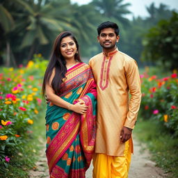A beautiful 22-year-old Brazilian woman with larger breasts gracefully wears a colorful saree, displaying intricate patterns and vibrant colors
