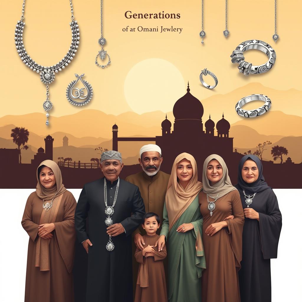 A creative poster showcasing the generations of Omani society through the lens of traditional Omani silver jewelry