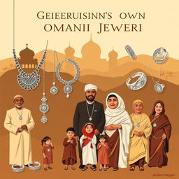 A creative poster showcasing the generations of Omani society through the lens of traditional Omani silver jewelry