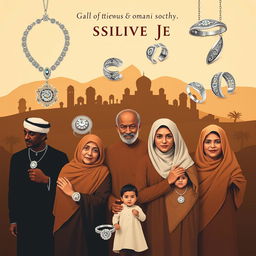 A creative poster showcasing the generations of Omani society through the lens of traditional Omani silver jewelry