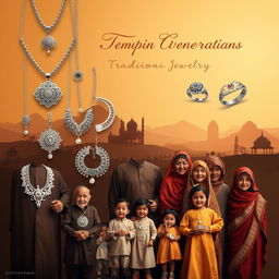 A creative poster showcasing the generations of Omani society through the lens of traditional Omani silver jewelry
